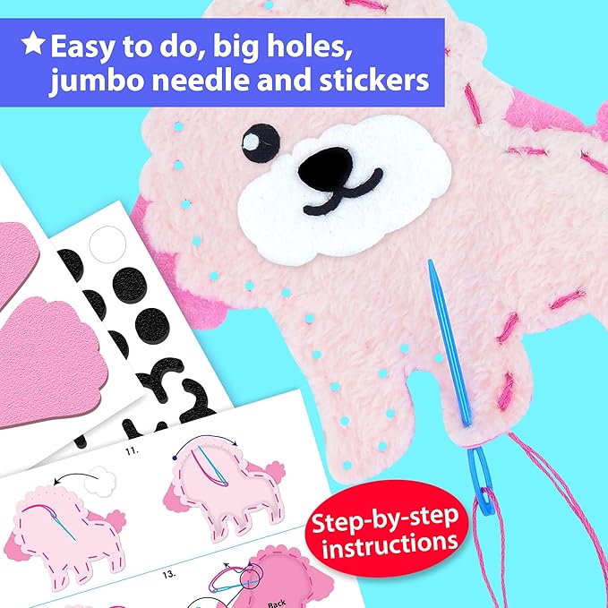 KRAFUN Easy Sewing Kit for Beginner Kids Arts & Crafts, 8 Easy DIY Projects of Stuffed Animal Dolls of Puppies & Kittens, Dogs and Cats, Instructions & Felt, Gift for Girls, Boys, Learn to Sew
