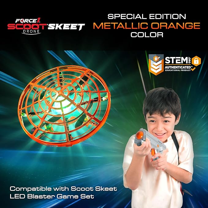 Force1 Scoot Skeet Mini Drone Electronic Shooting Game for Kids (Drone Only)- Hand Drones for Kids Compatible with Scoot Skeet LED Blaster, Electronic Target Game Indoor Flying Ball Drone Toy (Orange)