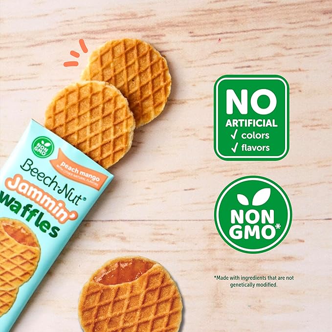 Beech-Nut Toddler Snacks Jammin' Waffles with Fruit Filling for Babies & Toddlers, Peach Mango, 10 Boxes (50 Individually Wrapped Packs)