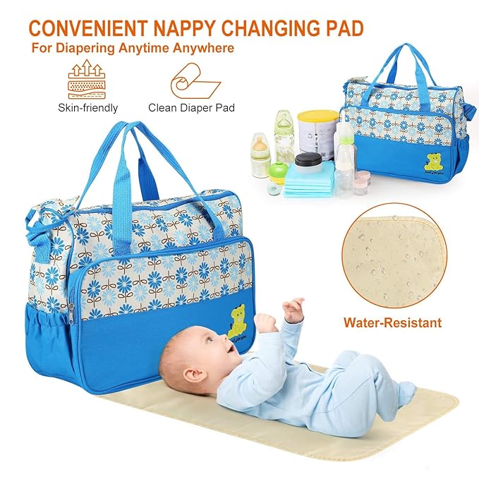 Moclever Diaper Bag Tote Set, 5PCS Baby Bags for Mom and Dad – Large Maternity Travel Bag with Insulated Bottle Holder, Food Bag & Portable Changing Pad, Waterproof Baby Essentials Organizer (Blue)