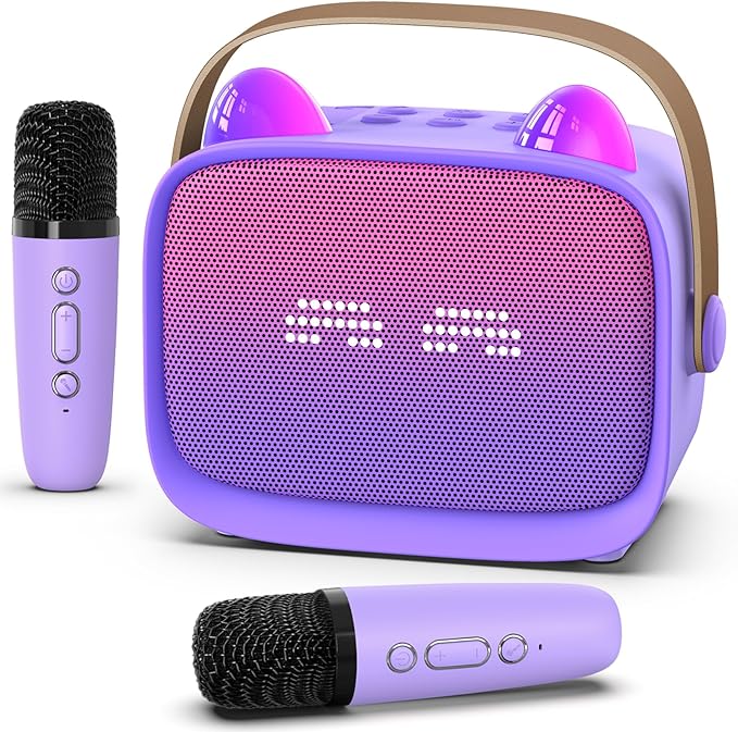 Mini Karaoke Machine Toys Gifts,Kids Portable MP3 Player with 2 Wireless Microphone and LED,Christmas Birthday Gifts for Girls Boys 3 4 5 6 7 8+ Year Old (Purple)
