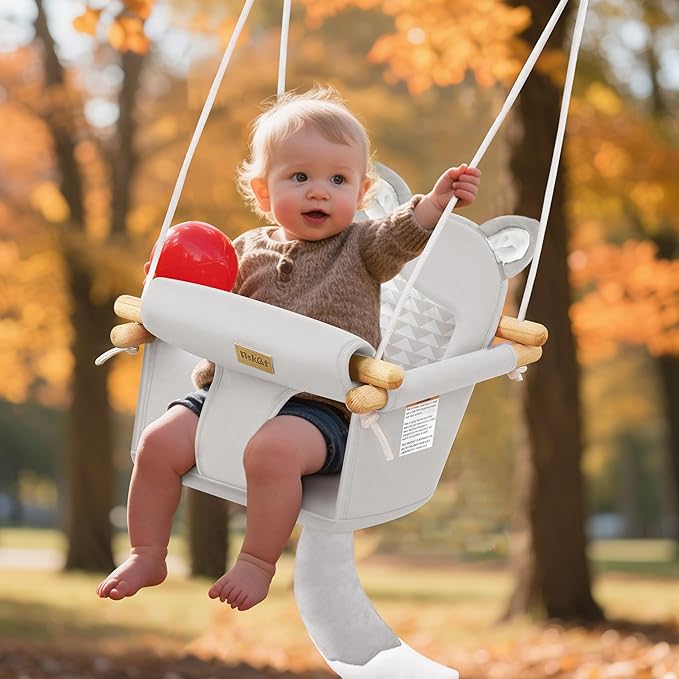 Wooden Hanging Baby Swing with Soft Safety Belt, Cozy Infant Swing Seat for Indoor & Outdoor Use, Adjustable Height, Includes Mounting Hardware – Suitable for Babies & Toddlers（Fox-Themed in Gray