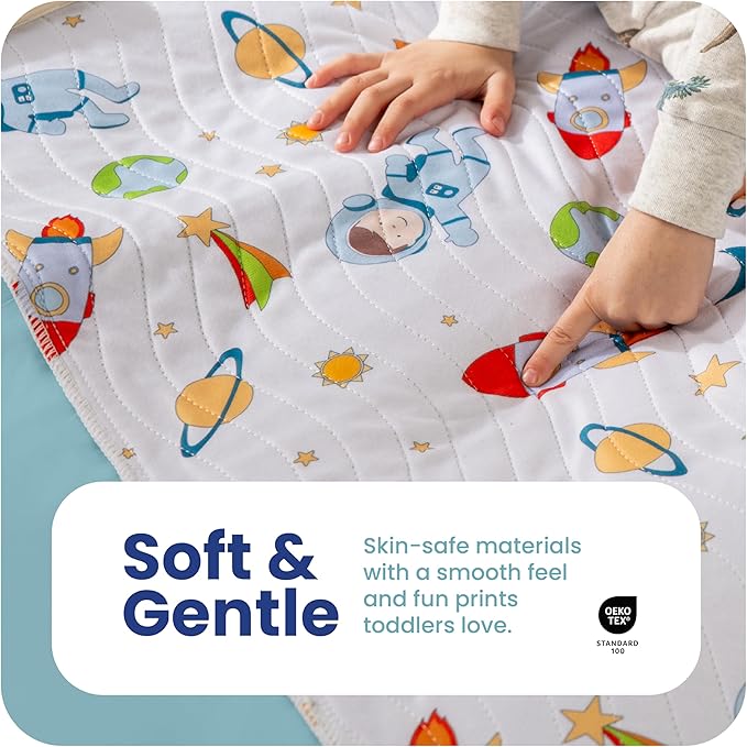 IMPROVIA® Toddler Bed Wetting Pad – 2 Pack 34x36 Waterproof Mattress Protector with Tuckable Wings – Ultra Absorbent, Non-Slip Washable Underpad for Kids & Potty Training – Space Design (Space)