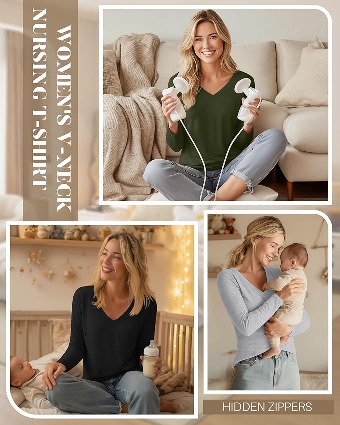 Huukeay 3 Pack Women's Long Sleeve Nursing Tops, Breastfeeding Hidden Zippers Shirts V Neck Maternity Pregnancy Tees Clothes