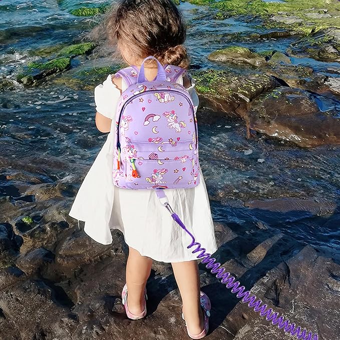 Accmor Toddler Backpack Leash with Anti Lost Wrist Link, Cute Mini Child Walking Harnesses Keep Kids Close Back Pack Rope Tether Rein for Baby Boys (Purple/Unicorn)