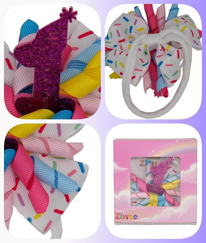 Birthday Hair Bow for Baby Girls 1 2 3 4 5 6 Years Sprinkle Decorations Party Hair Accessories Headband for First 1st Birthday Confetti Ice Cream