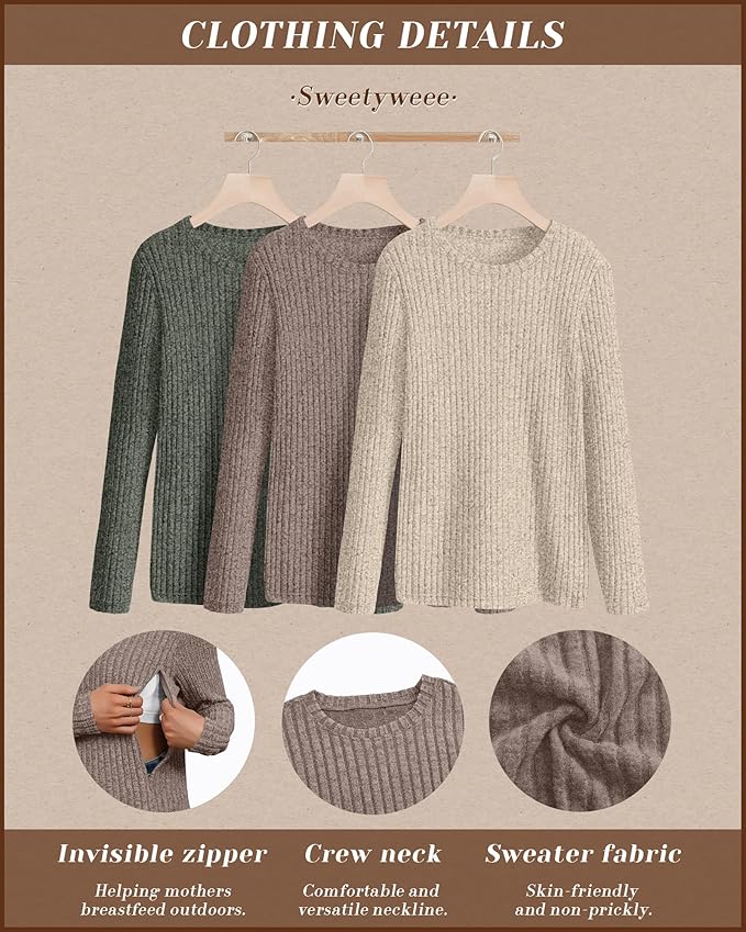 3 Pack Women's Nursing Long Sleeve Tops Breastfeeding Thermal Sweaters with Hidden Zipper Maternity Ribbed Shirts