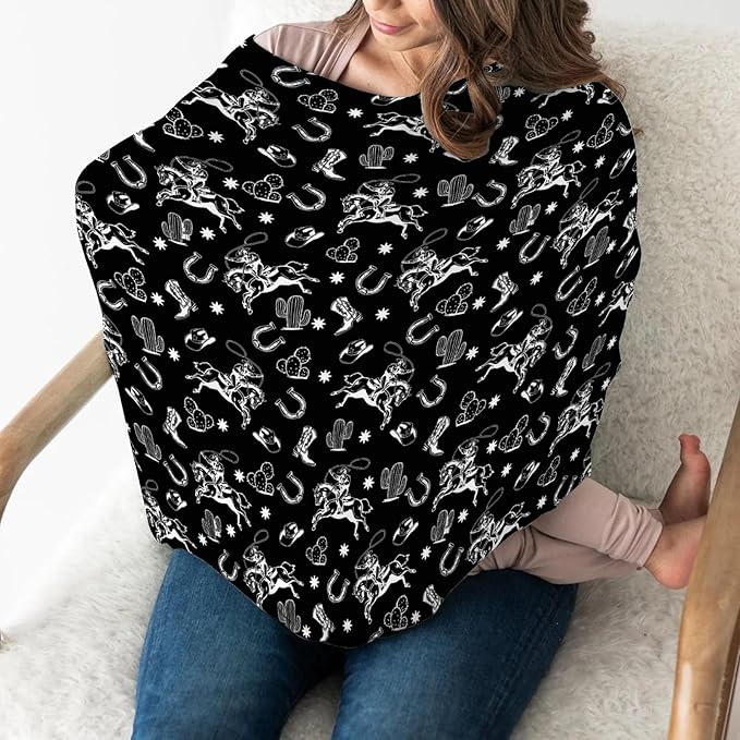 Country Western Car Seat Cover for Baby Cowboy Hat Boots Horse Cactus Stretchy 5-in-1 Covers Adjustable Car Canopy Breastfeeding Cover Wild West Desert Breathable Nursing Cover-Up