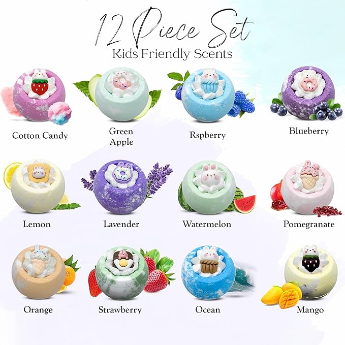 EvolutionUSA 12pc Bloom Bath Bombs with Toys, Adorable Girl Bath Bomb Set, Bubbly Kids Bathbombs, Fizzy Bath Ball, Kids Bath Bombs for Girls, Childrens Bath Bomb Set Christmas, Stocking Stuffer