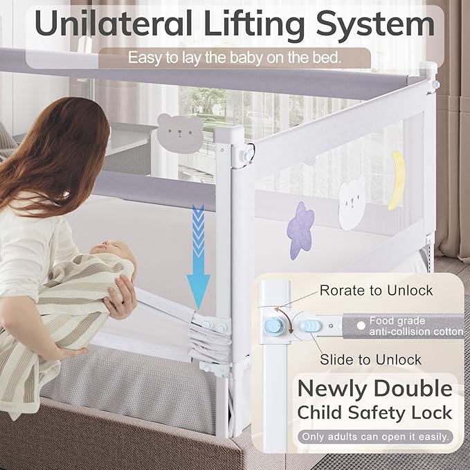 omzer Bed Rail for Toddlers - (3 Pack) Toddler Bed Rails with Double Child Lock, Bed Rail for Baby Kids with Pattern, Infants Height Adjustment Guardrail for King Size Bed - 3 Pack, 78.7x78.7x74.8”