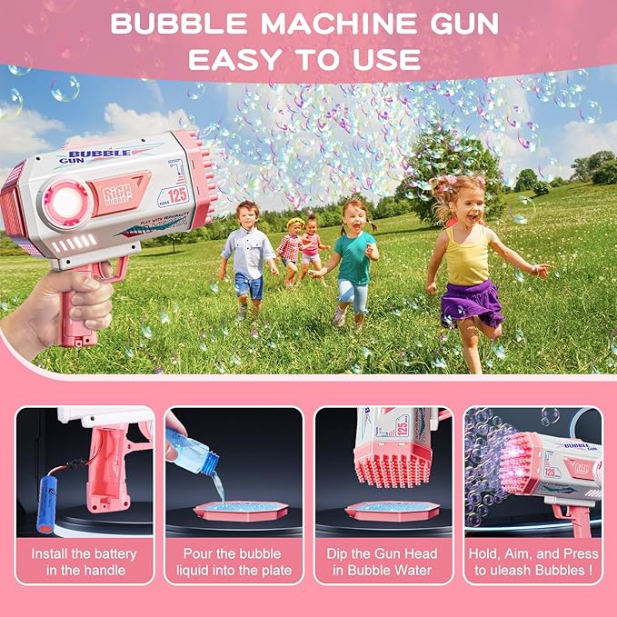 Bubble Gun, Upgraded 125 Holes Bubble Guns for Wedding, Pink Bubble Machine for Kids Age 3 4 5 6 7 8 9 10 11 12 Year Old, Big Bubble Blower Gun with Lights, Halloween Outdoor Party Favors