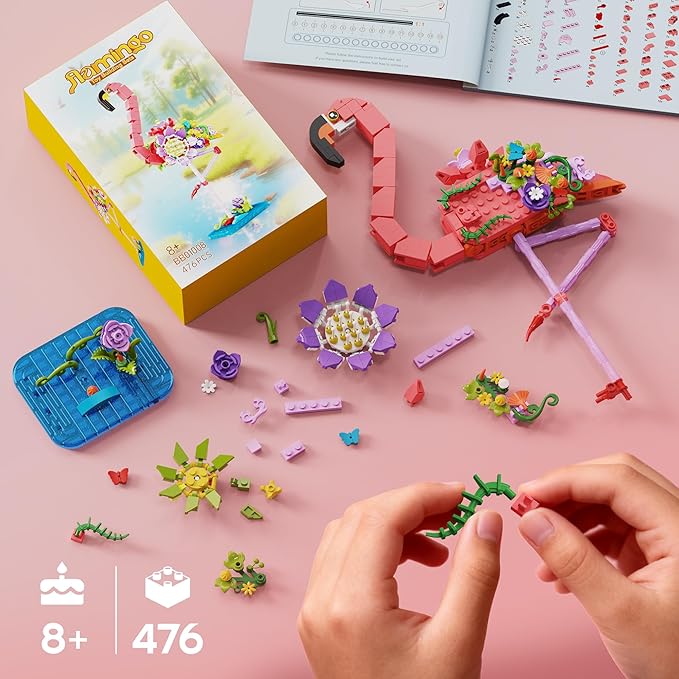 Pink Flamingo Flower Bouquet Building Set, Compatible with Lego Animal Botanical Collection – Creative Flamingo & Flower with Posable Neck and Legs, Home Decor Toy for Adult, Kids, & Flower Lovers