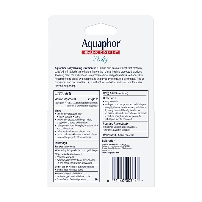 Aquaphor Baby Healing Ointment Advanced Therapy Skin Protectant for Chapped or Dry Skin, Drool Rash and Diaper Rash Ointment, Hypoallergenic Baby Essentials, Travel Size, 0.35 Oz Tube, Pack of 2