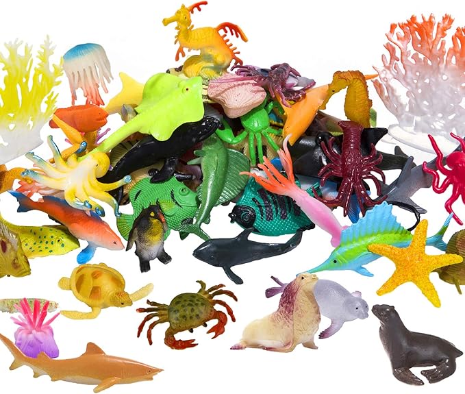 Ocean Sea Animals Figures, 60 Pack Mini Plastic Deep Underwater Life Creatures Set, STEM Educational Shower Bath Toys Gift for Baby Toddler Cupcake Toppers Party Supplies with Turtle Octopus Shark