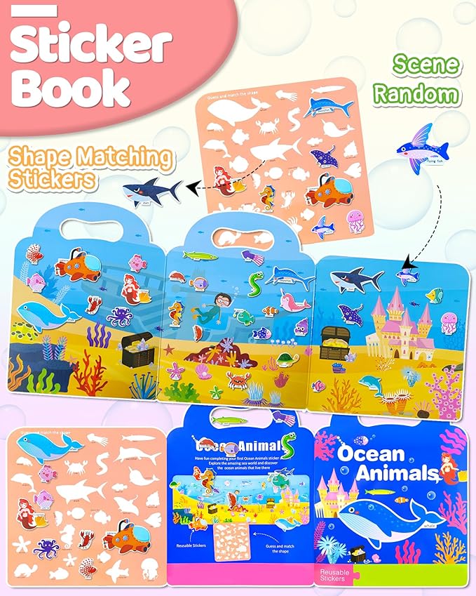 Benresive Reusable Sticker Books for Kids 2-4, Sticker Books for Toddlers 1-3 2-4, Toddler Travel Toys Activities Crafts Gifts - Ocean
