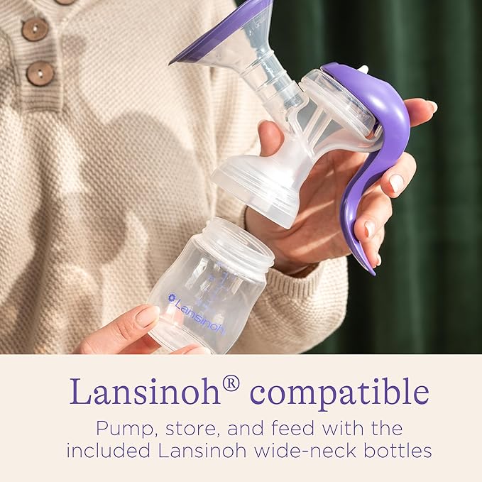 Lansinoh Manual Breast Pump, Hand Pump with Comfortable Flange, Includes 5oz Baby Bottle with Slow Flow Nipple, Breastfeeding Essentials