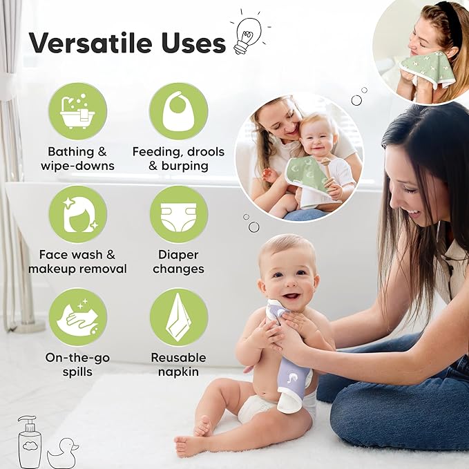 6-Pack Cotton Baby Washcloths for Newborn - Organic Cotton Muslin Soft Wash Cloths for Babies, Infant, Kids, Toddler Towels for Boy, Girl, Super Absorbent Face Cloths, Scratch-free Baby Rags (Lunaris)