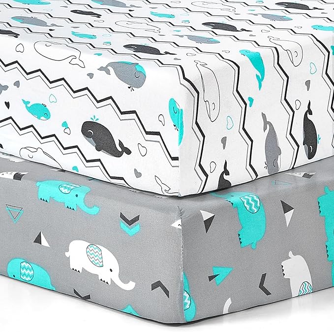 Pack n Play Sheets, BROLEX 2 Pack Mini Crib Sheets,Stretchy Portable Fitted Playard Sheet Set, Convertible Playard Mattress Cover,Ultra Soft Breathable Material,Elephant Whale