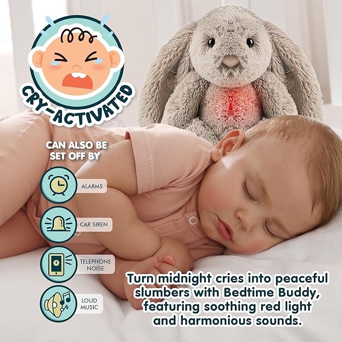 Gemma Joy Bedtime Baby Soothers for Sleep, Cry Activated Heartbeat Stuffed Animal for Baby, Newborn, Calming Light, Lullaby Music, White Noise, Shush and Mother’s Heartbeat - (Bunny, Rechargeable)
