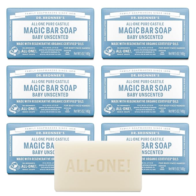 Dr. Bronner's Pure-Castile Magic Bar Soap (Baby Unscented, 5 oz, 6-Pack) - Made with Regenerative Organic Certified Oils, For Face, Body & Hair, Gentle for Sensitive Skin - Vegan, Non-GMO