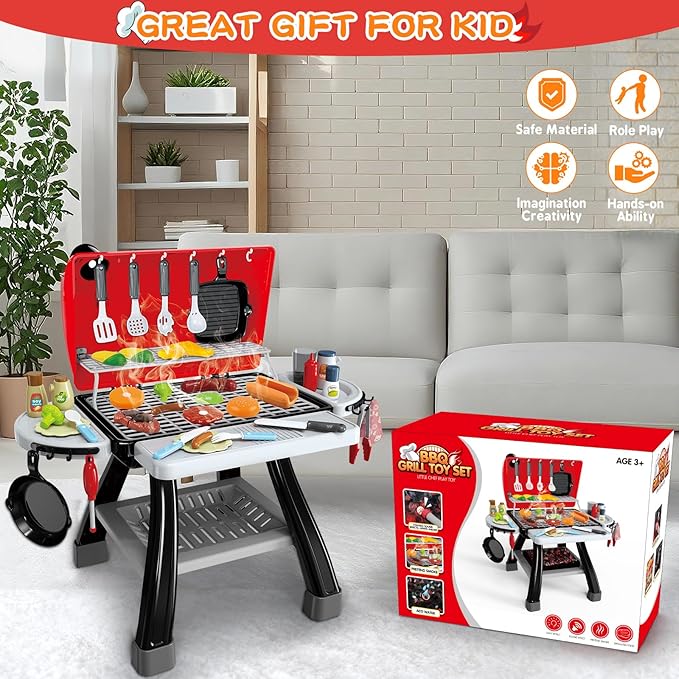 Kids Play Kitchen Toys, Kids BBQ Grill Kitchen Playset with Smoke, Sound & Light, Play Food Toys Cooking Set, 2-Layer Barbecue Outdoor Play Grill Toy Gift for Toddler Boys Girls 3-5