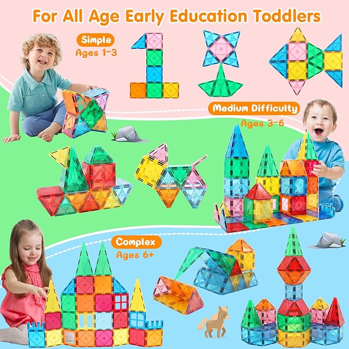 Magnetic Tiles Building Blocks for 3 4 5 6 7 8+ Years Old Boys Girls Colorful Magnet Stacking Toys Birthday Gift for Toddlers STEM Preschool Educational Construction Tiles Set