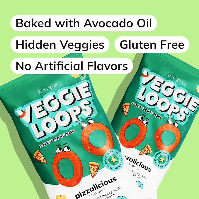 Little Spoon Pizzalicious Veggie Loops, Chickpea and Spinach Snack, Baked Not Fried, Avocado Oil, Hidden Veggies, Tastier Snacks for Kids, 3g Protein, Gluten-Free, 4 Pack