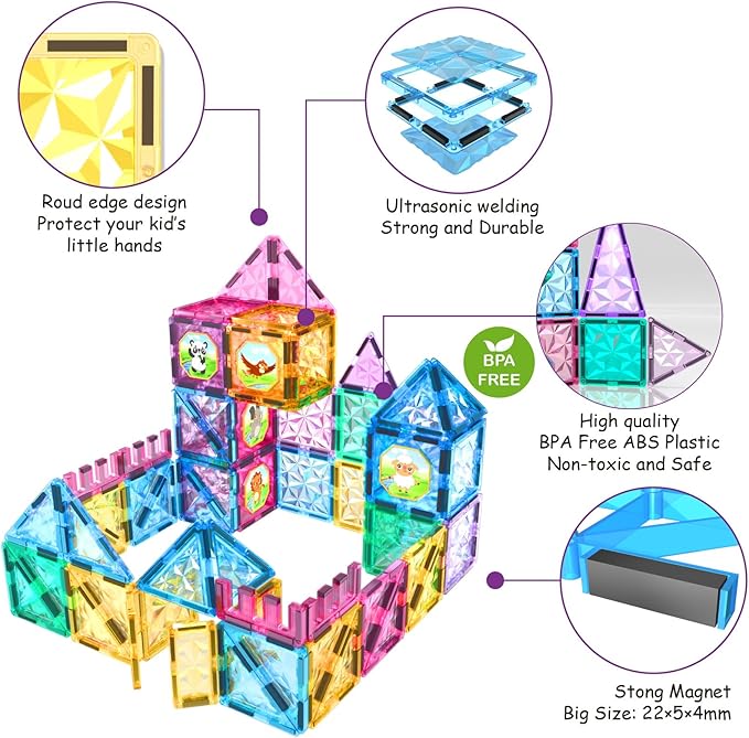 Jasonwell Magnetic Tiles Kids Magnetic Blocks 110PCS Building Sets 3D Magnet Tile Building Blocks Toy Construction Educational STEM Toys Gifts for Toddlers Boys Girls 3 4 5 6 7 8 9 10 + Year Old
