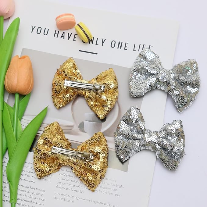 Gold Sequins Hair Bows for Girls Alligator Clips Hair Glitter Handmade Bows Hair Clip Toddler Teens Hair Accessories Gift for All Hair Types