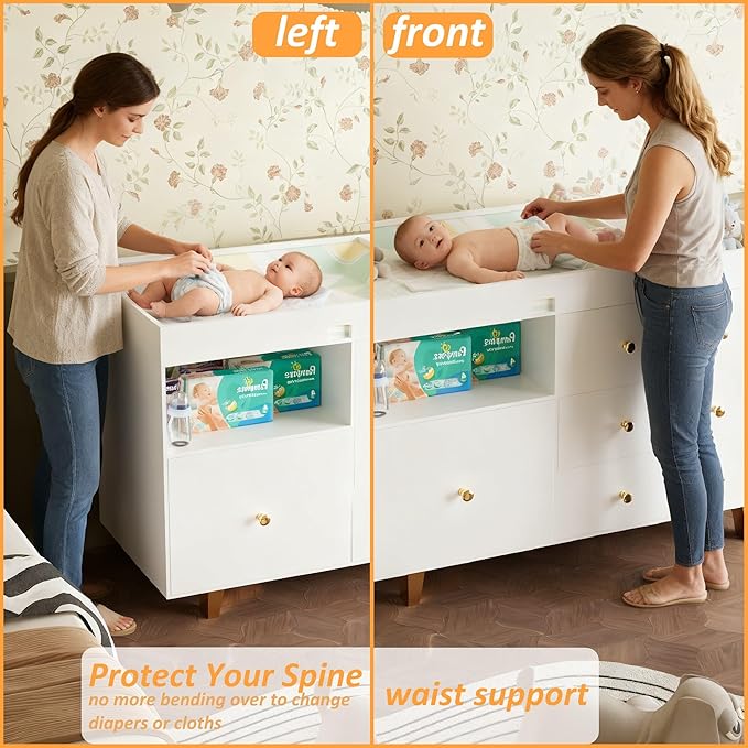 Baby Changing Table,Diaper Changing Table with Large Tabletop,4 Drawers,Open Storage Space & Side Shelves,Modern Storage Crib with Changing Table Dresser for Nurseries and Baby Rooms,White