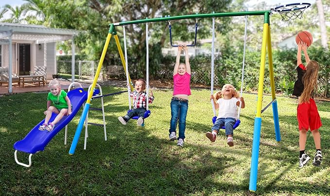 5-in-1 Swing Sets for Backyard for Kids 3-8, Tree Swings for Kids Outdoor with Slide, Basketball Hoop, Two Swing Seats and Gymnastics Rings