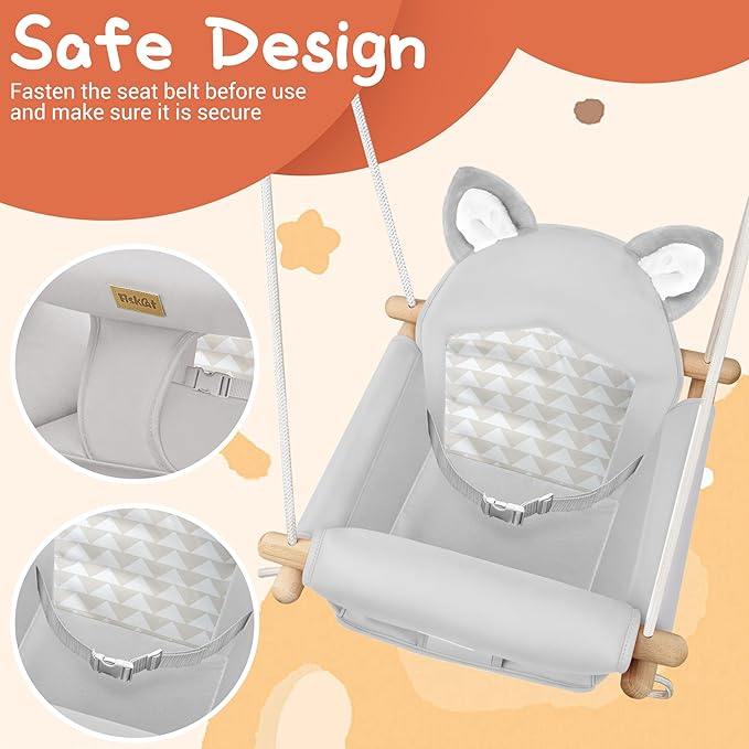 Wooden Hanging Baby Swing with Soft Safety Belt, Cozy Infant Swing Seat for Indoor & Outdoor Use, Adjustable Height, Includes Mounting Hardware – Suitable for Babies & Toddlers（Fox-Themed in Gray