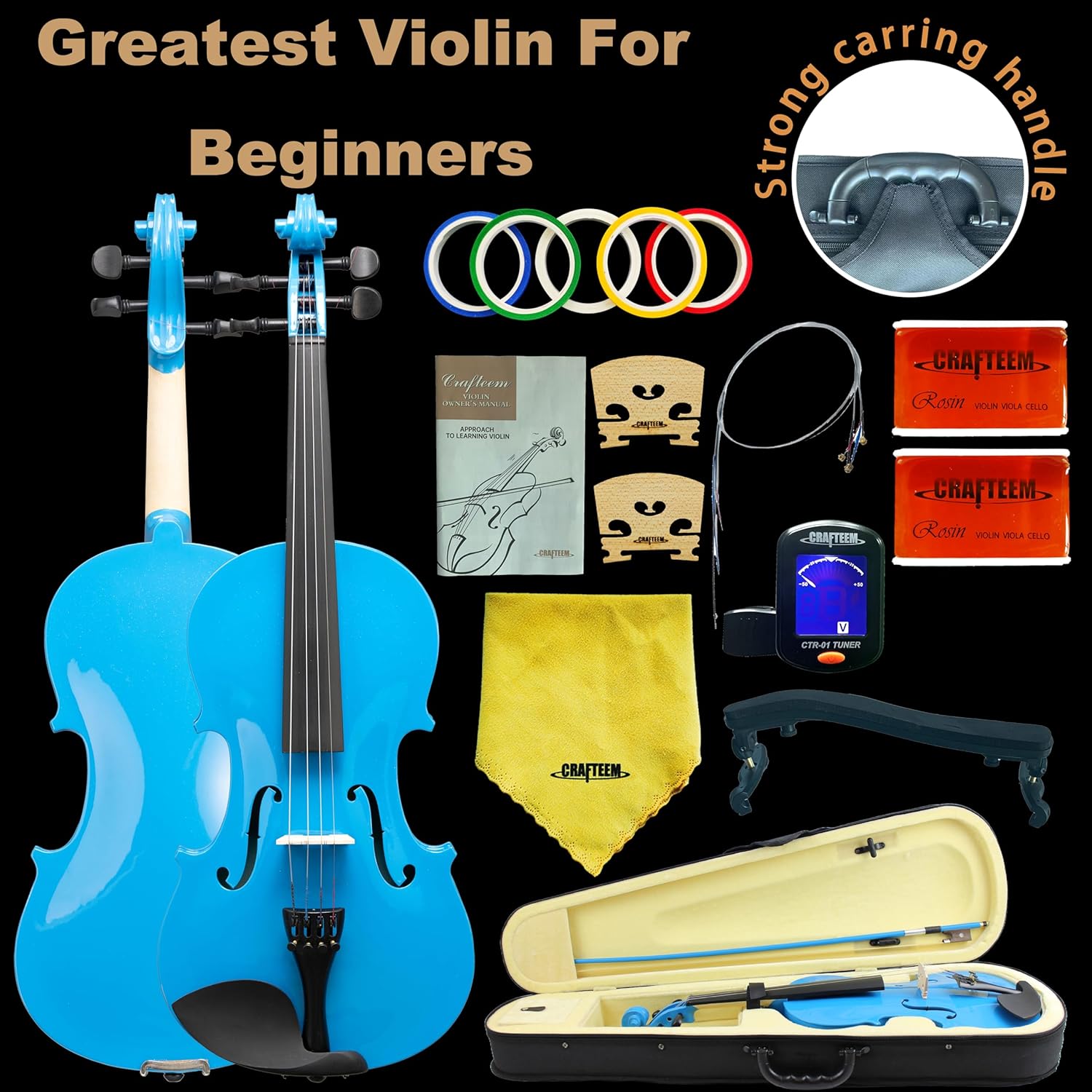 1/4 Fiddle Blue Colored Premium Violin Outfit for Beginners Adults Kids With 5 Color Fingering Tape- Handcrafted Student Beginner Violin.(Blue, 1/4)