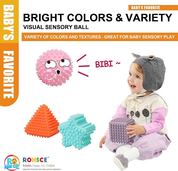 Baby Sensory Balls, Montessori Toys Soft Baby Balls 6 to 12 Months Textured Geometric Shapes for Babies' Sensory Development, Multicolor Bath Gifts Spiky Squeeze Ball for Infant Kids