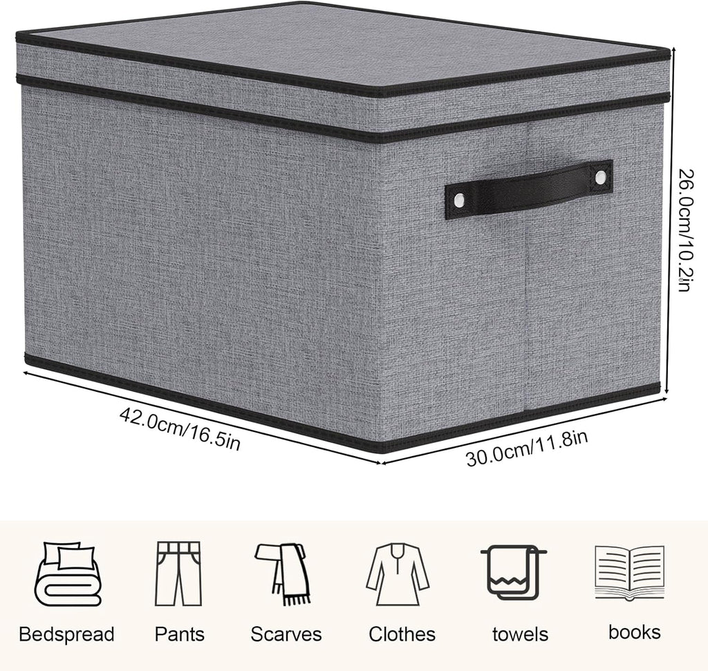 Clothing Storage Bins, Blanket Baskets for Shelves, Fabric Cubes with Handles and Lids, Decorative Linen Closet Organizers Boxes, Gray, 3 Pack, 16.5 x 11.8 x 10.2 Inch