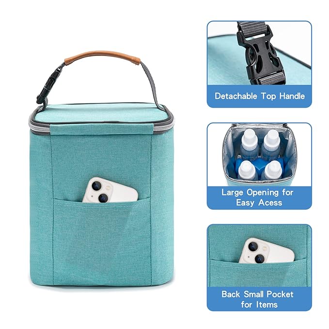 Breast Milk Cooler Bag with Ice Pack Fits 4 Baby Bottles Up to 9 Ounce, Baby Bottle Bag for Nursing Mom Daycare-Aqua