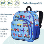 Wildkin 12-inch Kids Backpack – Padded, Adjustable, Ideal for Daycare & Travel - Trains, Planes, and Trucks