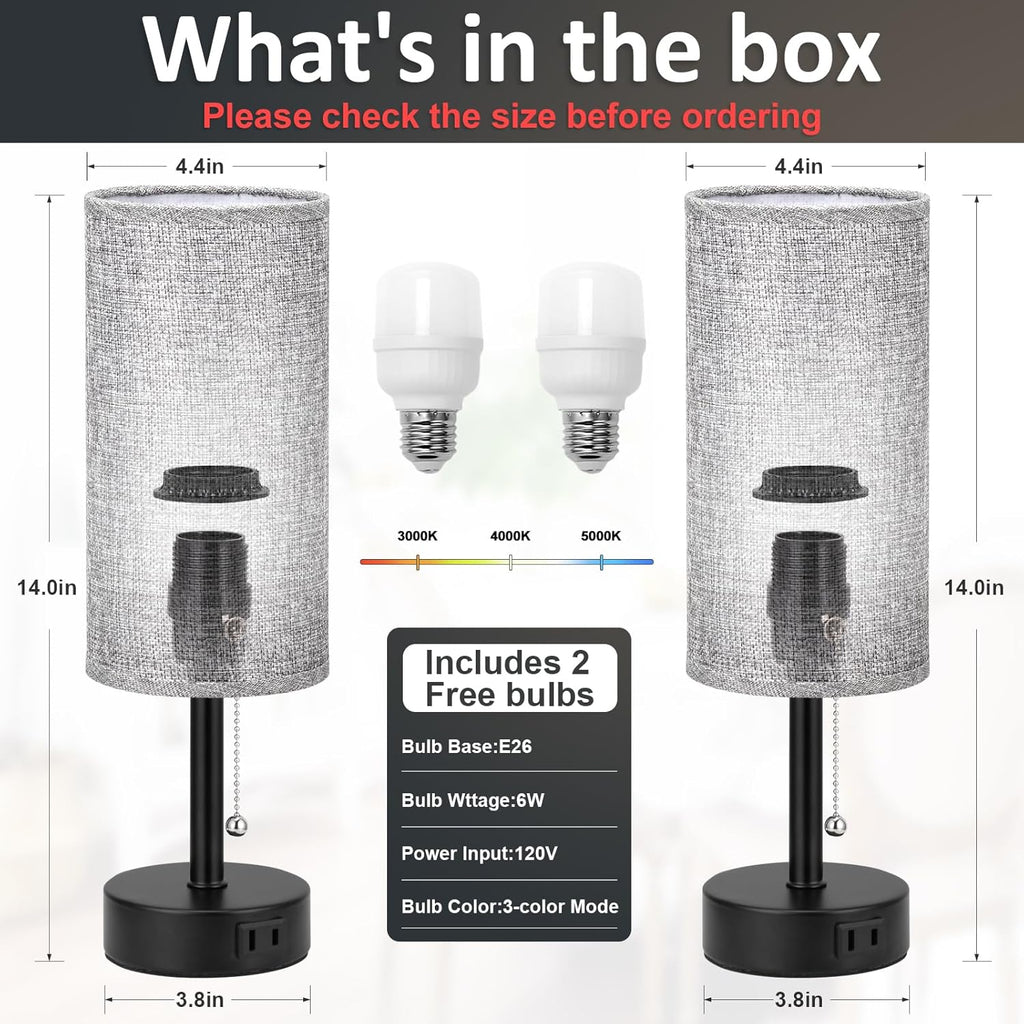 Grey Bedside Table Lamps Set of 2-3 Color Temperatures Pull Chain Lamp with AC Outlet Charging Port, Round Night Stand Lamps for Bedroom Office, Small Bed Side Light with E26 LED Bulbs