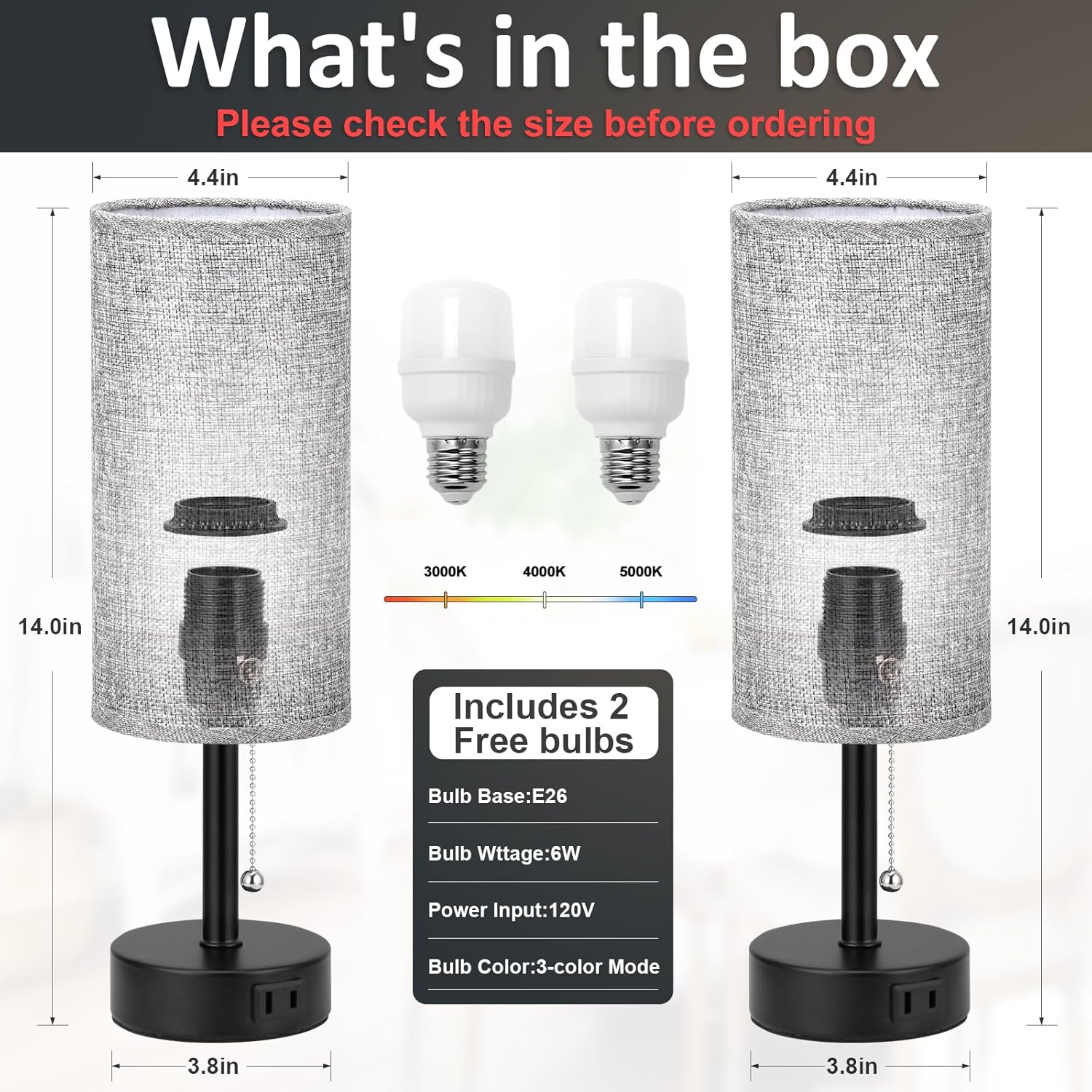 Grey Bedside Table Lamps Set of 2-3 Color Temperatures Pull Chain Lamp with AC Outlet Charging Port, Round Night Stand Lamps for Bedroom Office, Small Bed Side Light with E26 LED Bulbs