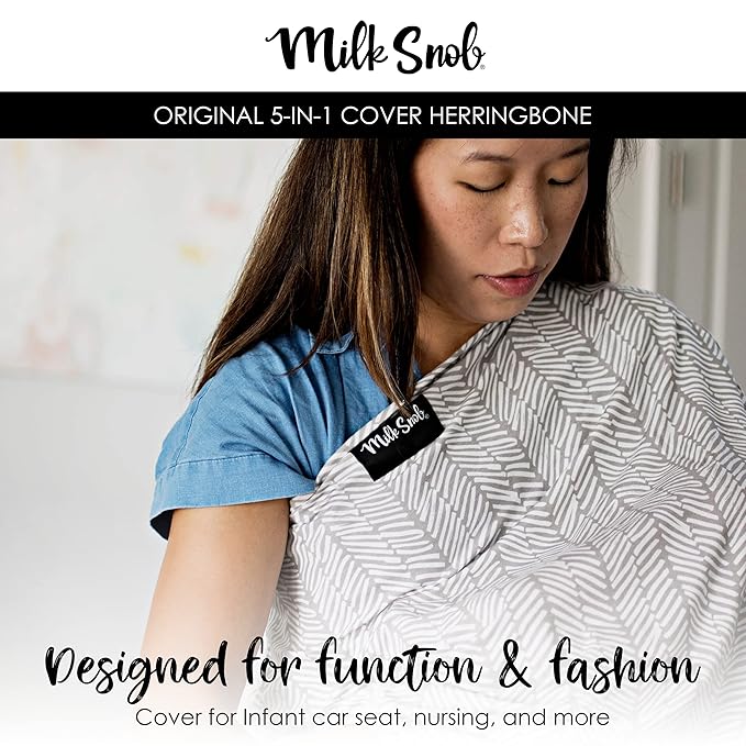Milk Snob Original 5-in-1 Cover - Added Privacy for Breastfeeding, Baby Car Seat, Carrier, Stroller, High Chair, Shopping Cart, Lounger Canopy - Newborn Essentials, Nursing Top, Herringbone
