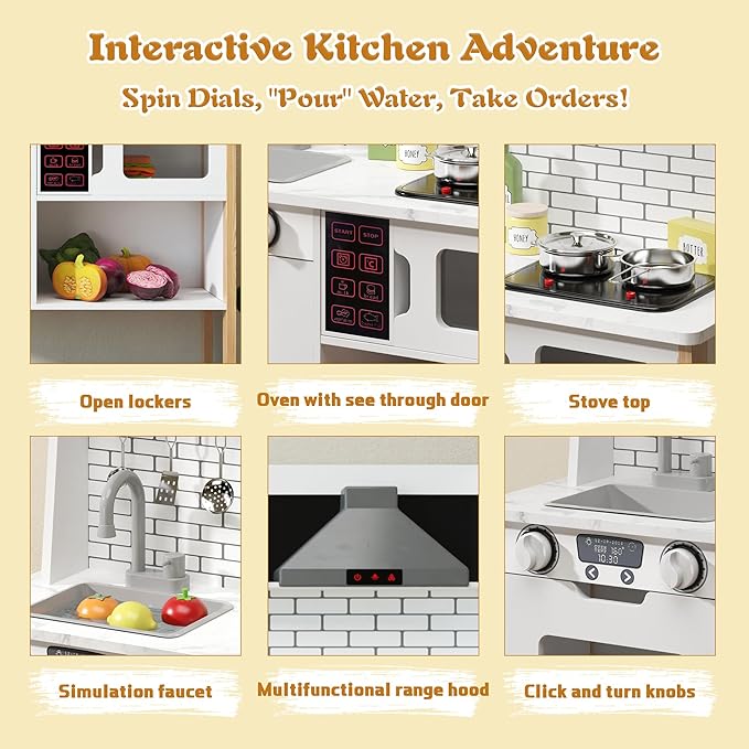 soges Kids Kitchen Playset, Play Kitchen with Realistic Lights & Sounds, Pretend Play Kitchen Wooden Toy Set with Storage Space, Realistic Design Utensils Oven Microwave Sink, Idea Gift for Kids