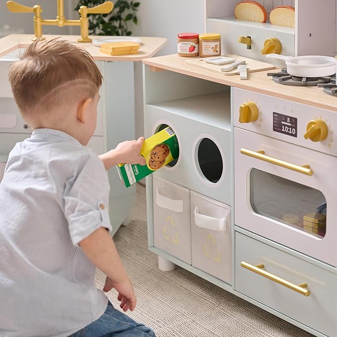 Teamson Kids Little Chef Savannah Wooden Montessori Pretend Play Kitchen for Toddlers Kids Ages 3+ Modular Three-Piece Set with Sink Cart Stove & Fridge for Boys and Girls Playset, Green