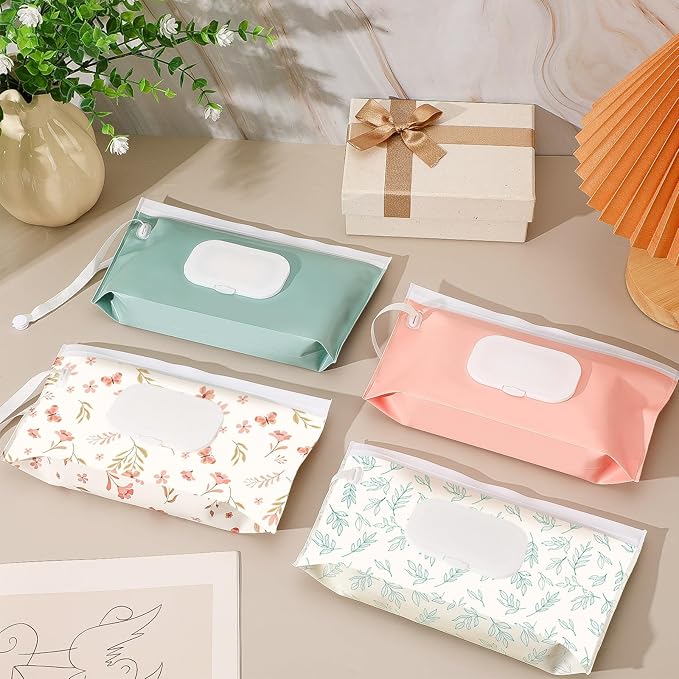 FEBSNOW 4 Pack Baby Wipes Dispenser Holder, Portable Refillable Baby Wet Wipes Pouch Container Reusable Travel Case for Outdoor Hiking, Green Leaves