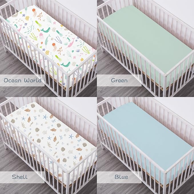 Bimocosy Crib Sheets for Boys Girls, Fitted Crib Sheet 4 Pack for Standard Crib and Toddler Mattresses, Super Soft Breathable Microfiber Baby Sheet 28x52x8in, Ocean World/Milky Green/Seashell/Blue