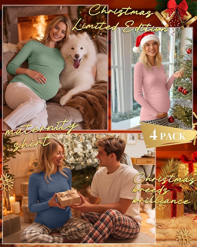 Ficerd 4 Pack Women's Maternity Shirts Cotton Long Sleeve Ribbed Crew Neck Pregnancy Tops Side Ruched Casual Mama Clothes