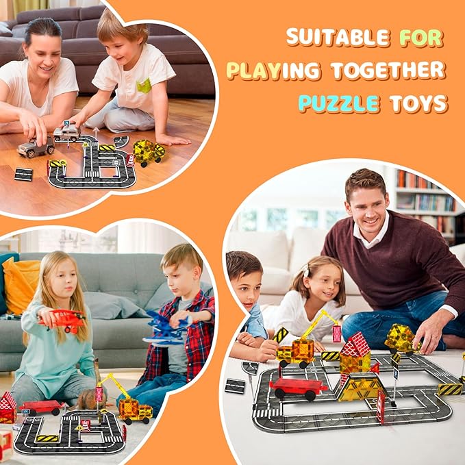 Magnetic Tiles Building Blocks for 3 4 5 6 7 8+ Years Old Boys Girls Colorful Magnet Stacking Toys Birthday Gift for Toddlers STEM Preschool Educational Construction Tiles Set (Magnetic Road)