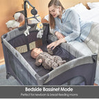Baby Bedside Bassinet Sleeper,5-in-1 Pack and Play with Full-Size Bassinet,Baby Playard with Changing Table,Storage Shelf,Music Mobile with Soft Toys for Newborn to Toddlers (Grey)