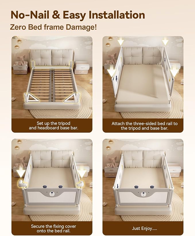 3 Piece Bed Rails for King Size Bed, No-Drill Needed Baby Bed Rail Guard for Toddlers with Height Adjustable, Thickened Child Safety Side Railing Guards/Bedrail for Kids, Grey Bear, 74.8x78.7x78.7in