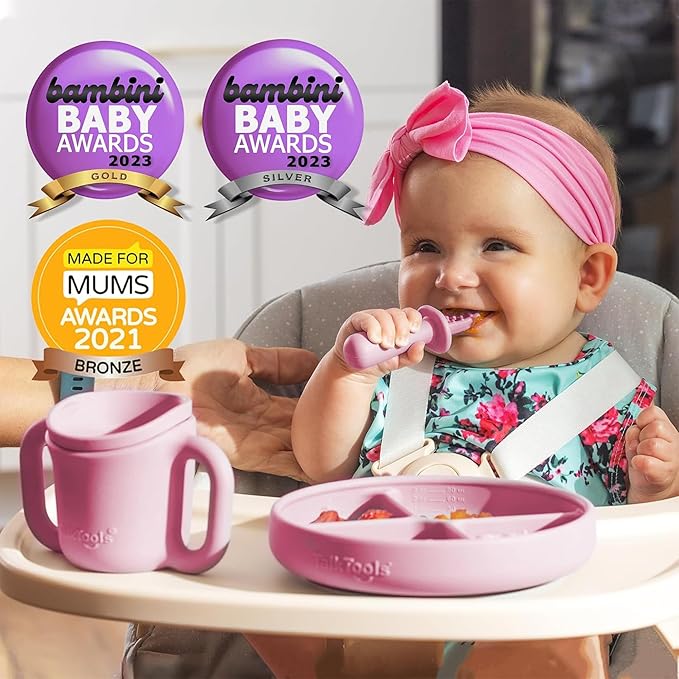 TalkTools Itsy Plate Must-Have Silicone Baby Plates with Suction | Non-Toxic Toddler Feeding Plate | Divided Portion | BPA-Free, Easy-Clean, Travel-Friendly Baby Dishware - Made in USA (Bubblegum)