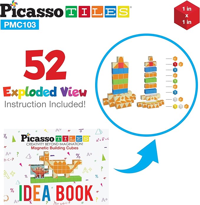 PicassoTiles 103 Pieces 1" Magnetic Toy Building Block Cubes Building Block, 3D Cube Construction Cubes Magnet Sensory Toys Gifts Educational with Free Idea Book for Kid, Boy, Girl & Toddler PMC103